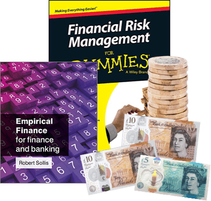 Financial Risk Management For Dummies and Empirical Finance books beside stacked coins and UK banknotes