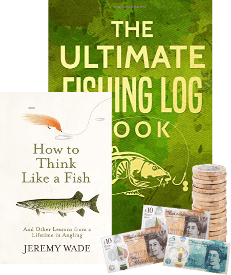 Fishing books 'How to Think Like a Fish' and 'The Ultimate Fishing Log Book' with UK cash and coins