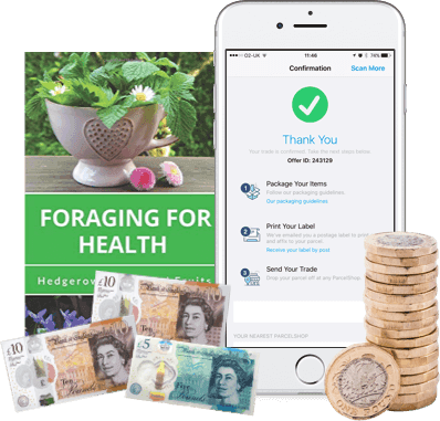 Foraging for Health book, phone confirming your trade, UK banknotes and pound coins showing cash payment