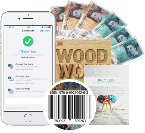 Phone showing trade confirmation, cash, WOOD and Upcyclist books with ISBN barcode, for selling furniture books