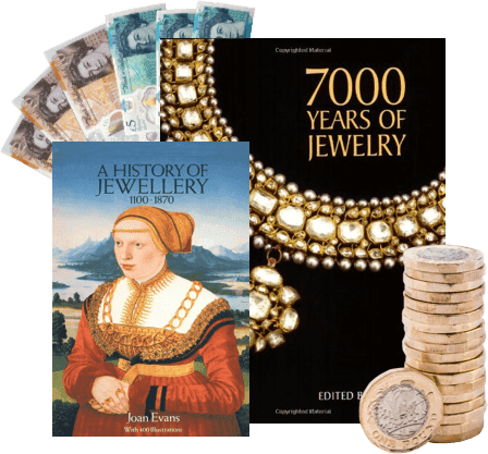 Jewellery books '7000 Years of Jewelry' and 'A History of Jewellery' with UK banknotes and pound coins for cash