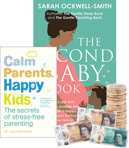 Covers of Calm Parents, Happy Kids and The Second Baby Book with UK banknotes and coins