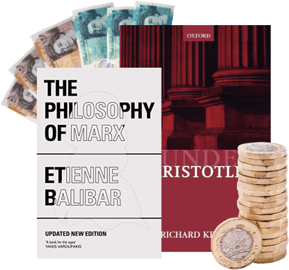 Philosophy books including The Philosophy of Marx and Aristotle, with £1 coins and banknotes