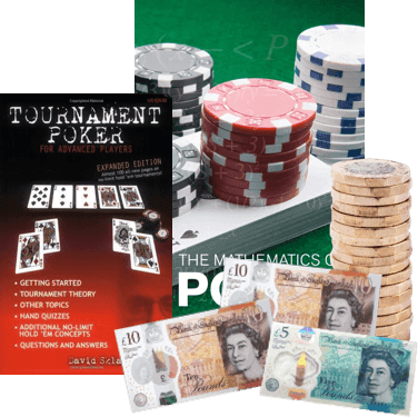 Tournament Poker for Advanced Players book beside poker chips and UK banknotes for cash exchange