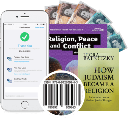 Phone confirming trade with cash payment, plus religion books being sold for cash via WeBuyBooks
