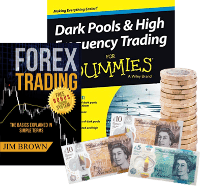Forex Trading and Dark Pools and High Frequency Trading for Dummies books with UK cash and pound coins