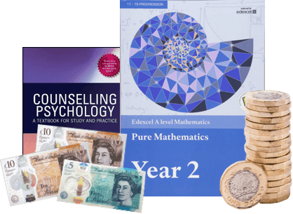 Counselling Psychology and Edexcel Pure Mathematics Year 2 textbooks with UK banknotes and pound coins