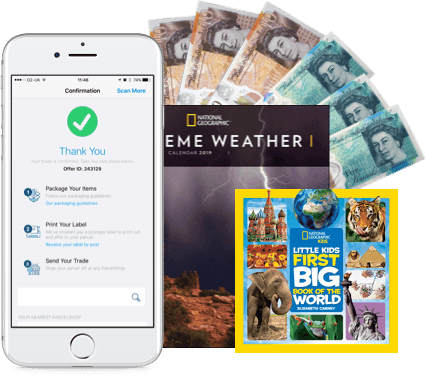 Phone showing trade confirmation, UK banknotes, and National Geographic weather calendar and kids' book covers
