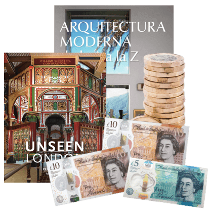 Architecture books 'Unseen London' and 'Arquitectura Moderna' beside stacked coins and £5, £10 notes