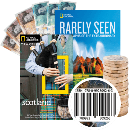 National Geographic books, ISBN barcode, UK banknotes and coins showing cash value for your books