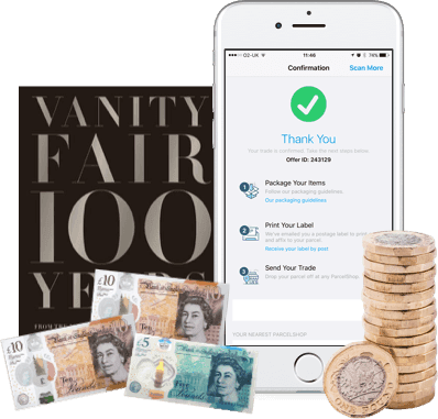 Vanity Fair 100 Years book with UK banknotes, coins, and phone confirming payment after selling books