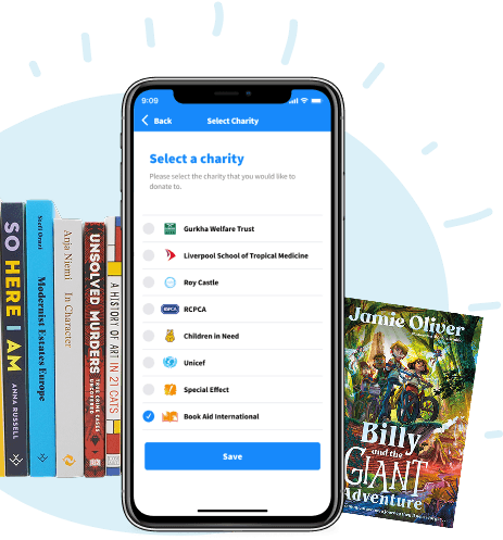 Phone screen showing WeBuyBooks charity list to select for donation, with Book Aid International chosen, beside stacked books