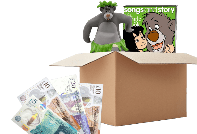 Cardboard box with UK banknotes, a Baloo figure and Jungle Book Songs and Story book, for selling Tonies for cash