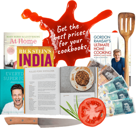 Cookbooks by Jamie Oliver, Gordon Ramsay, Rick Stein and Mary Berry with cash, saying: get the best prices for your cookbooks