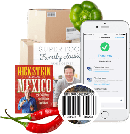 Cookery books, boxes, ISBN barcode and phone showing WeBuyBooks order confirmation screen