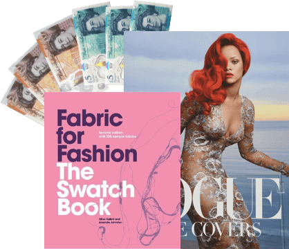 Fashion books 'Fabric for Fashion' and Vogue Covers with UK banknotes, showing cash for used fashion books