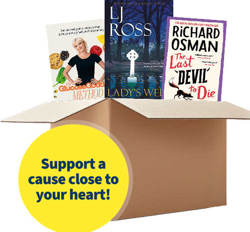 Cardboard box with three books, badge reads: Support a cause close to your heart!
