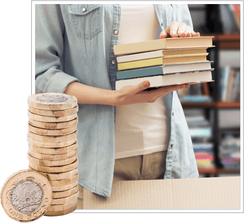 Person holding a stack of books beside a pile of pound coins, representing cash for selling books