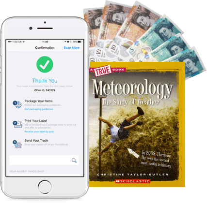 Phone showing trade confirmation screen, UK banknotes and 'Meteorology: The Study of Weather' book, sold for cash