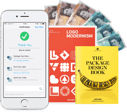 Phone showing WeBuyBooks app order confirmation, with UK banknotes and design books Logo Modernism and The Package Design