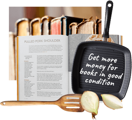 Open cookbook, black grill pan and wooden spoon with text: get more money for books in good condition