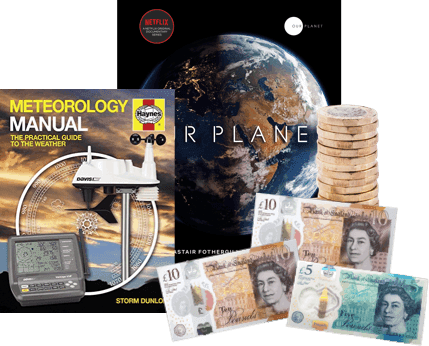 Meteorology Manual book, a planet Earth DVD, £1 coins and £5 and £10 notes, cash for your books