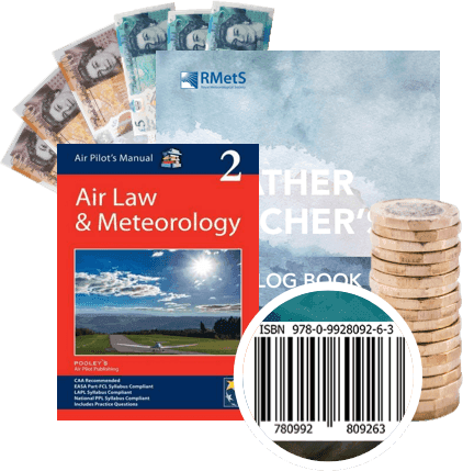 Air Pilot's Manual Air Law and Meteorology book with banknotes, coins and barcode, ISBN 978-0-9928092-6-3