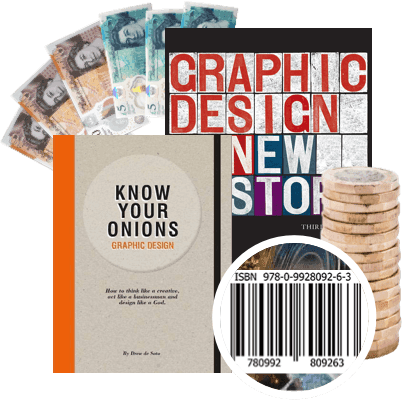 Graphic design books, £5 notes, coins and a barcode, showing how WeBuyBooks values books via ISBN scan