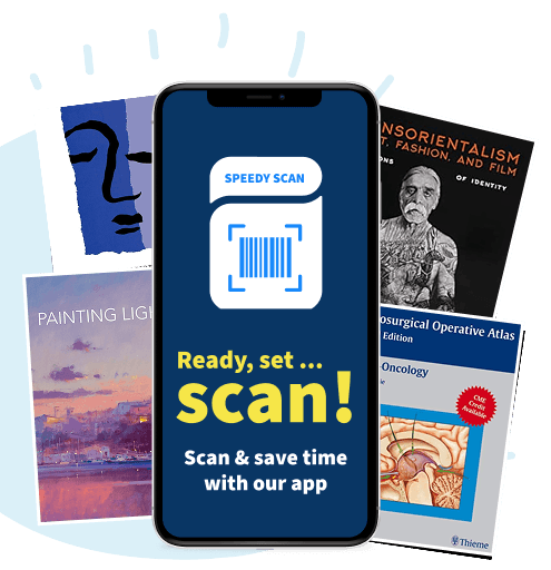 Phone with WeBuyBooks app scanning a barcode, saying 'Ready, set... scan!' beside books to sell