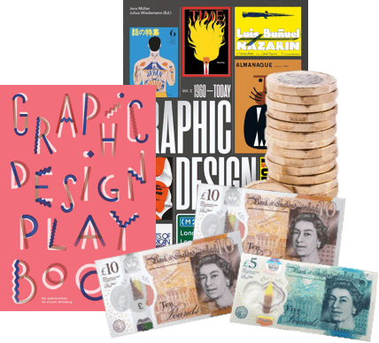 Graphic design books, £10 and £5 notes, and stacked £1 coins showing cash for used books