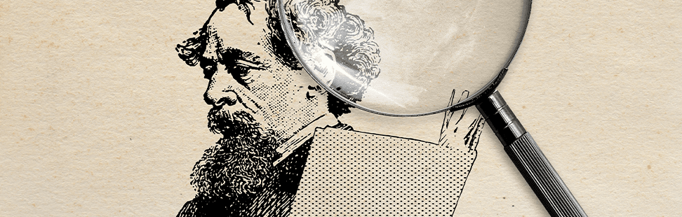 Hand drawn picture of Charles Dickens through a magnifying glass banner image.png