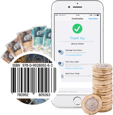 Phone showing trade confirmation and Thank You message, plus a book barcode, £1 coins and banknotes