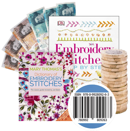 Banknotes and coins beside Mary Thomas's Dictionary of Embroidery Stitches book and its ISBN barcode