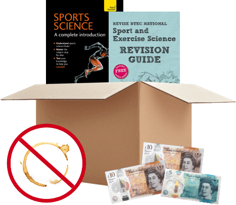 Sports Science and BTEC Revision Guide books in a box with UK banknotes, no coffee stains allowed