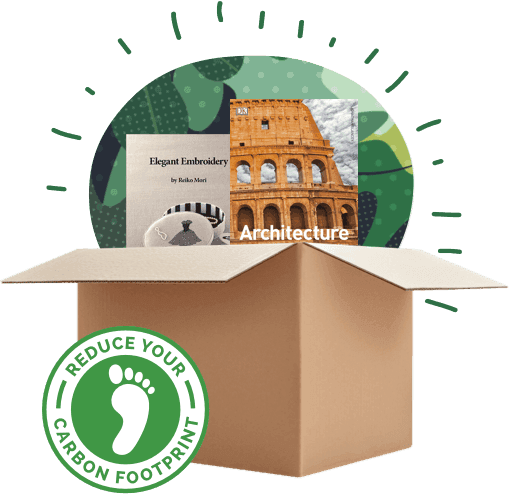 Open box with used books Elegant Embroidery and Architecture, Reduce Your Carbon Footprint badge