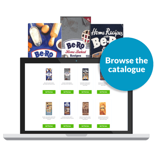 Laptop showing Be-Ro cookbook listings to sell, with a button to browse the catalogue