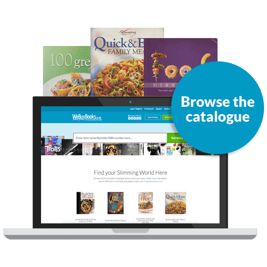 Laptop showing WeBuyBooks site with Slimming World books, link to browse the catalogue and get a valuation