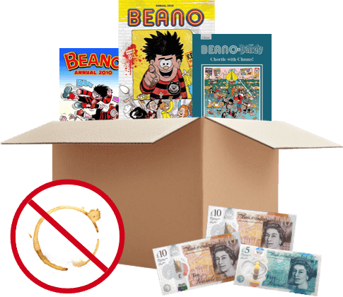 Box of Beano Annuals with UK banknotes, and a no-coffee-stains symbol showing accepted condition