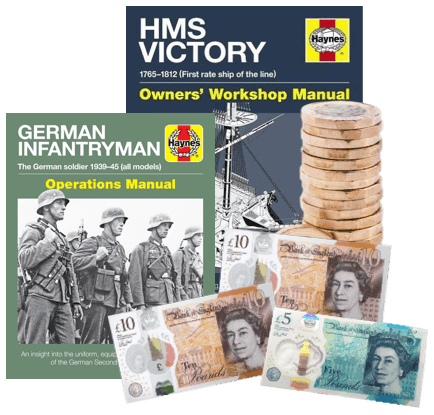 Haynes manuals for HMS Victory and German Infantryman beside UK ten and five pound notes and coins