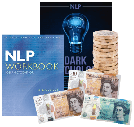 NLP Workbook and NLP Dark Psychology books beside a stack of coins and £5 and £10 notes