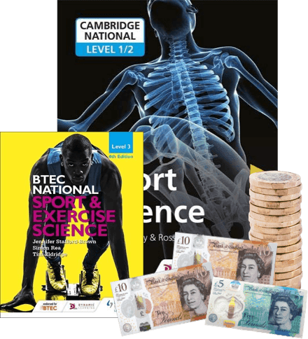 Cambridge National and BTEC sports science textbooks beside UK banknotes and coins