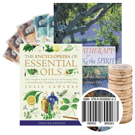 UK banknotes and coins beside aromatherapy books, including The Encyclopedia of Essential Oils, for selling to WeBuyBooks