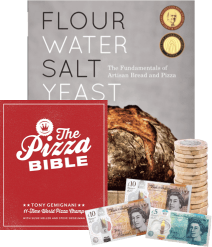 Flour Water Salt Yeast and The Pizza Bible cookbooks with UK banknotes and coins, ready to sell