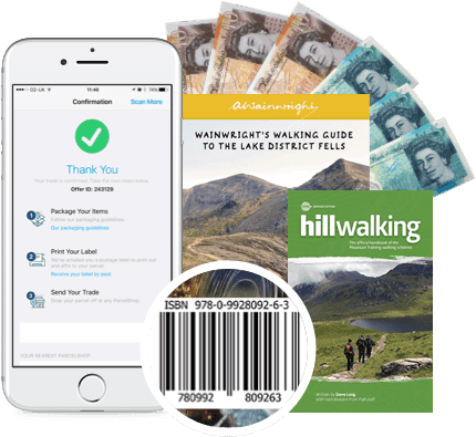 Phone confirming trade, cash, ISBN barcode and hiking guidebooks for selling used hiking books