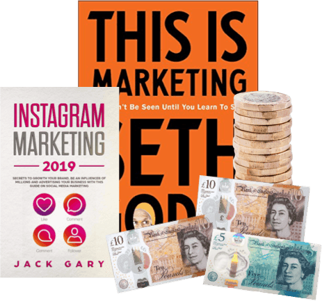 Marketing books 'This Is Marketing' and 'Instagram Marketing 2019' beside UK coins and banknotes