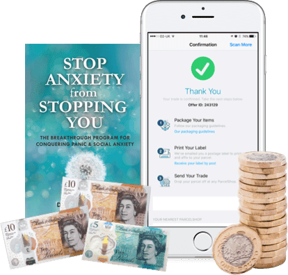 Stop Anxiety book, phone showing trade confirmation, UK banknotes and pound coins - sell mental health books for cash