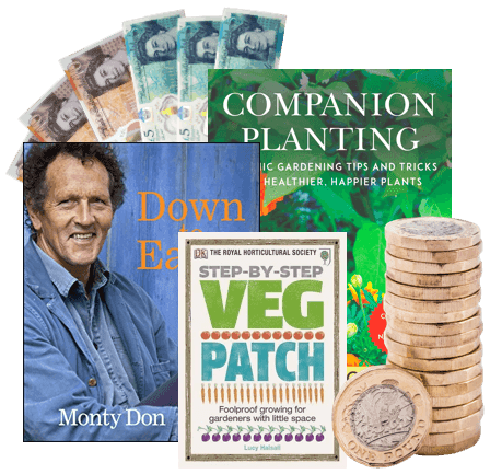 Covers of Companion Planting, Down and Dirty by Monty Don, and RHS Step-by-Step Veg Patch books
