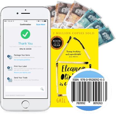 Phone showing trade confirmation and thank you screen, with cash, a book and its ISBN barcode