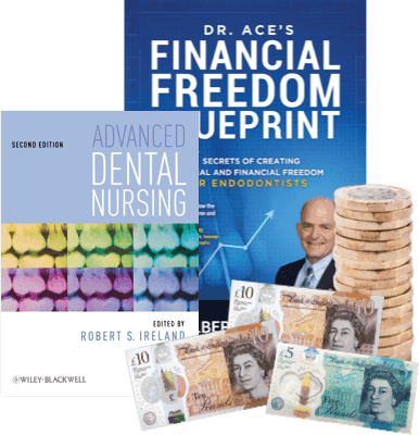Advanced Dental Nursing and Financial Freedom Blueprint books beside UK banknotes and coins, sell for cash