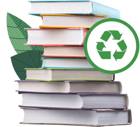 Stack of used books with green recycling symbol and leaves, symbolising eco-friendly book reuse